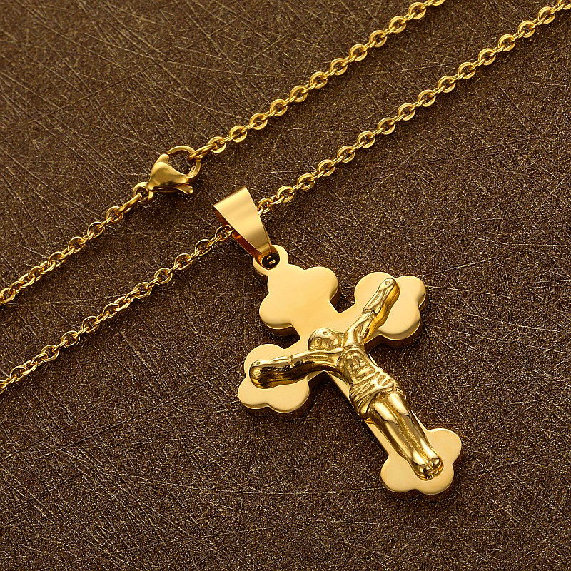 Gold Stainless Steel Crucifix Pendant Necklace, 18K Gold Plated Jesus Cross, Unisex Religious Jewelry