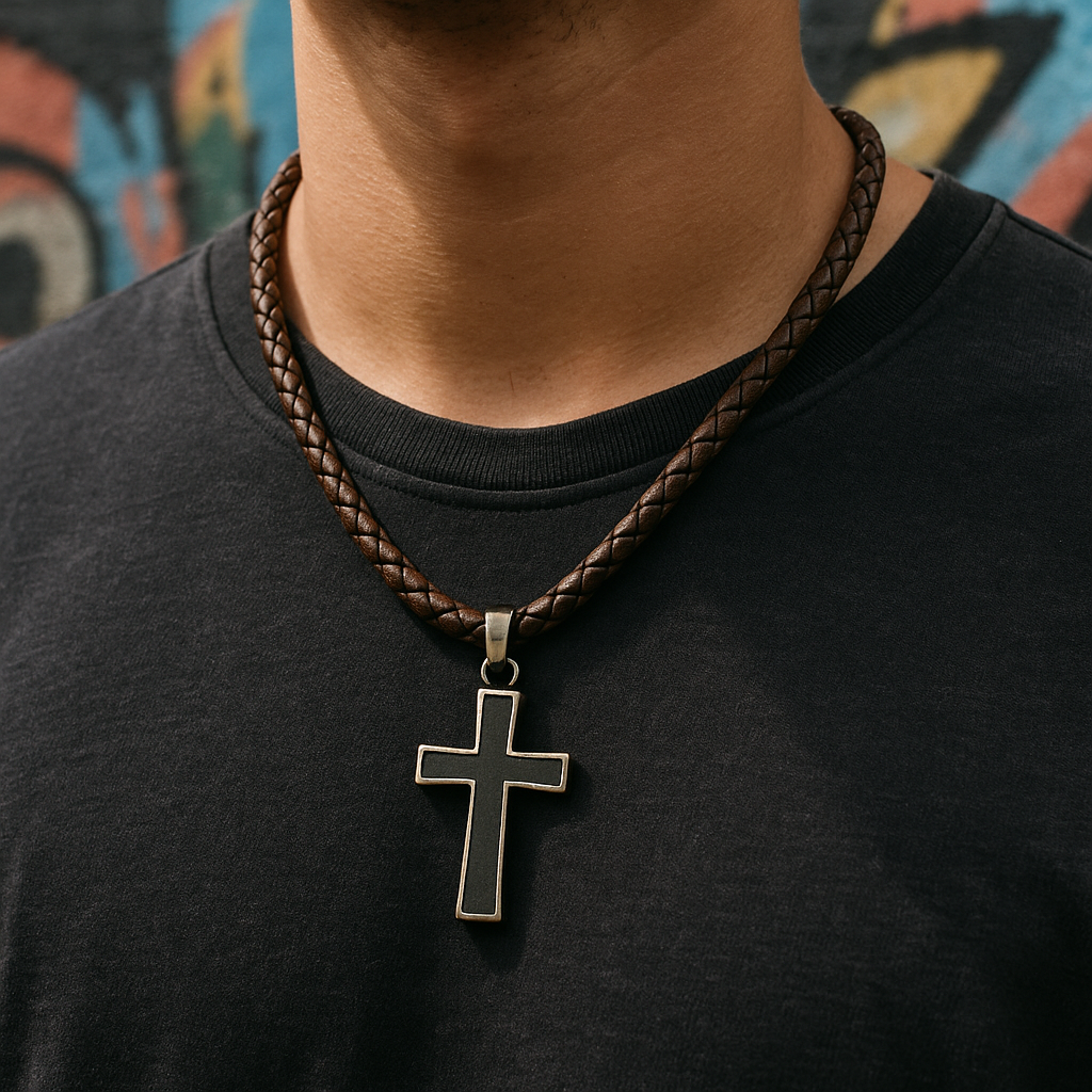 Men's Vintage Cross Pendant Necklace – Black Alloy on Braided Brown Leather Cord