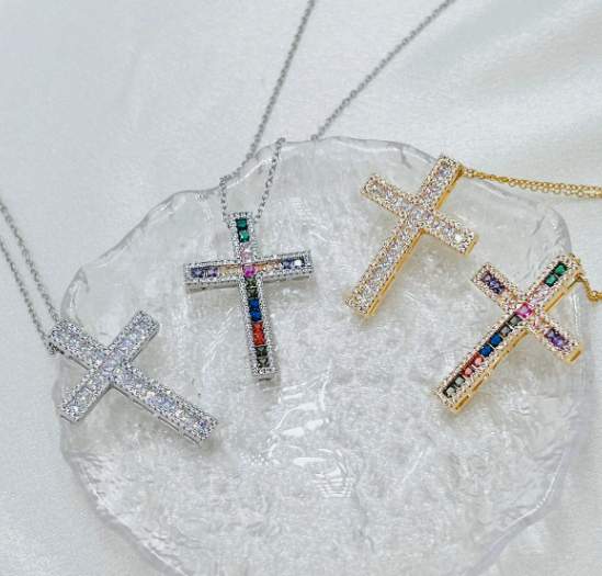 Trendy Multicolor & Clear Cubic Zirconia Cross Pendant Necklace for Women and Men