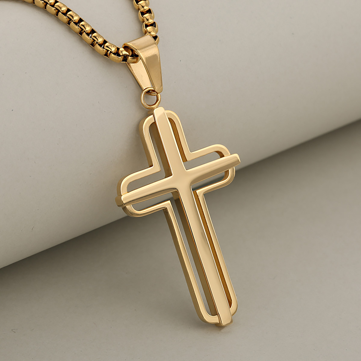 Modern Double-Layer Hollow Cross Pendant Necklace, Gold-Plated Stainless Steel Unisex Religious Jewelry