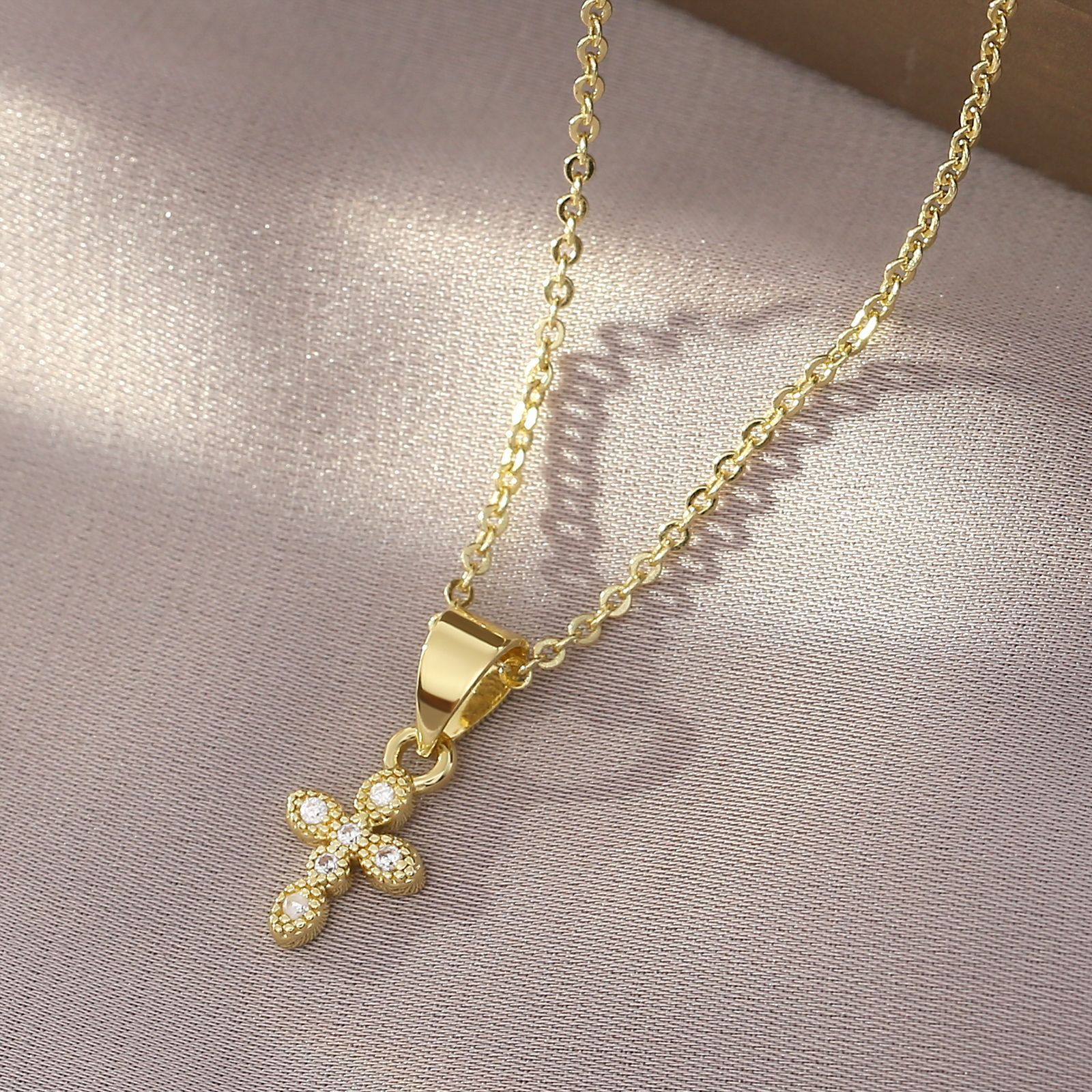 Minimalist Gold Cross Necklace, Dainty Micro Pendant with Cubic Zirconia, 18K Gold-Plated Jewelry