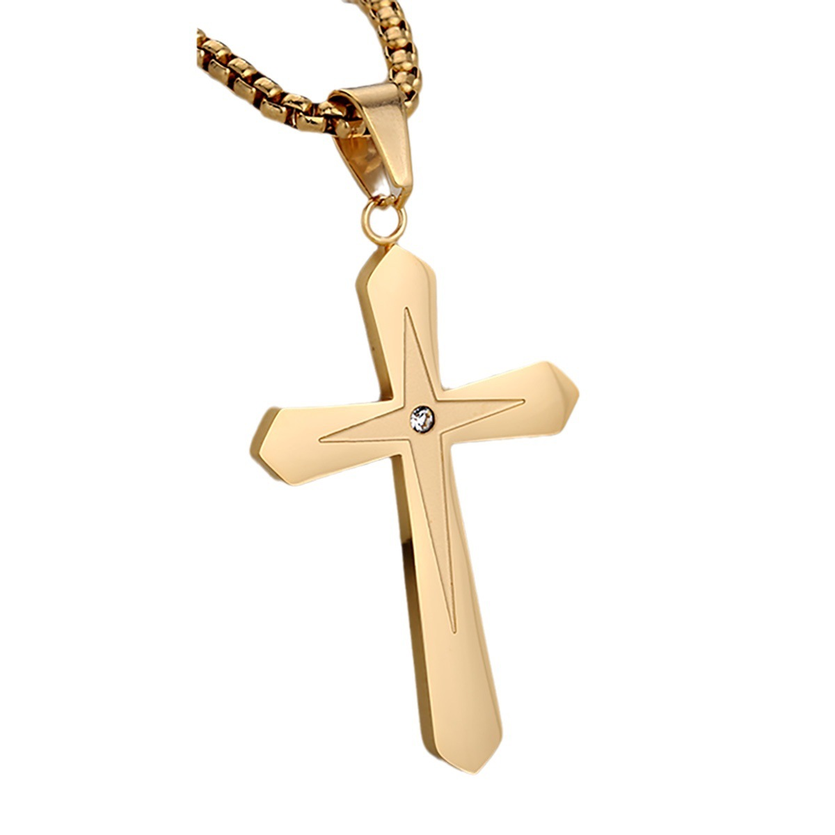 Gold-Plated Cross Pendant Necklace with Cubic Zirconia Center, Stainless Steel Christian Jewelry for Men & Women