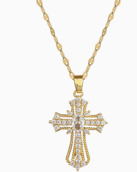 18K Gold Plated Cross Pendant Necklace with Oval Cubic Zirconia for Men and Women