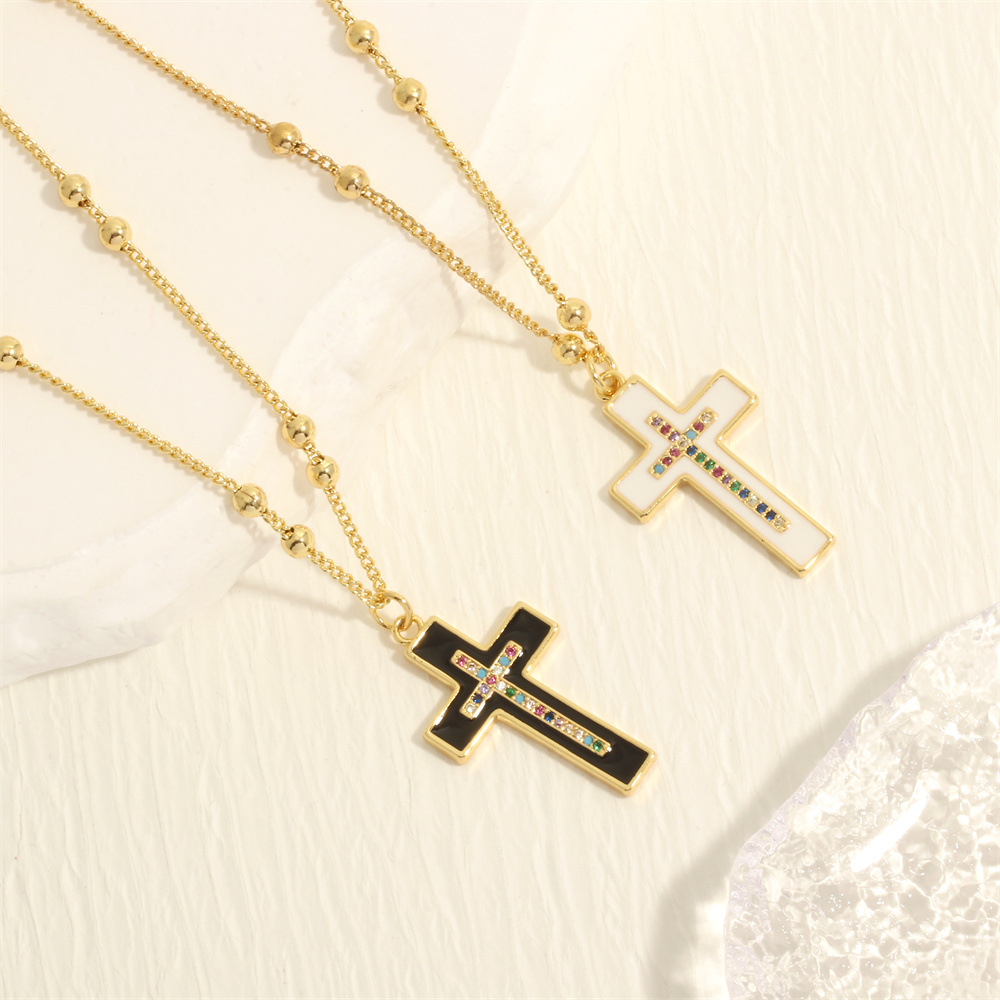 Colorful Stone Enamel Cross Necklace – Black & White Gold Religious Pendant