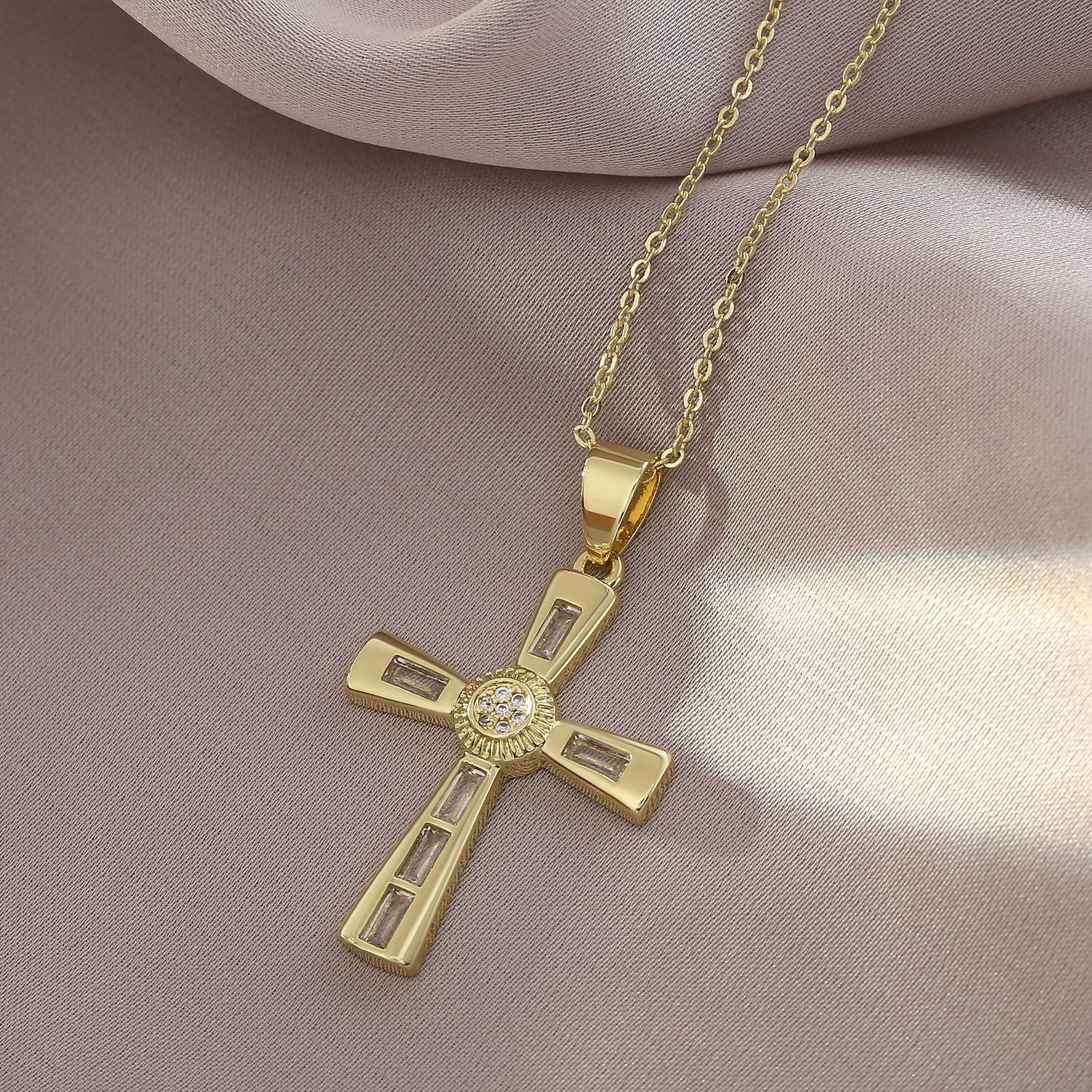 Luxury Gold Cross Necklace with Baguette & Round Cubic Zirconia, 18K Gold-Plated Religious Pendant