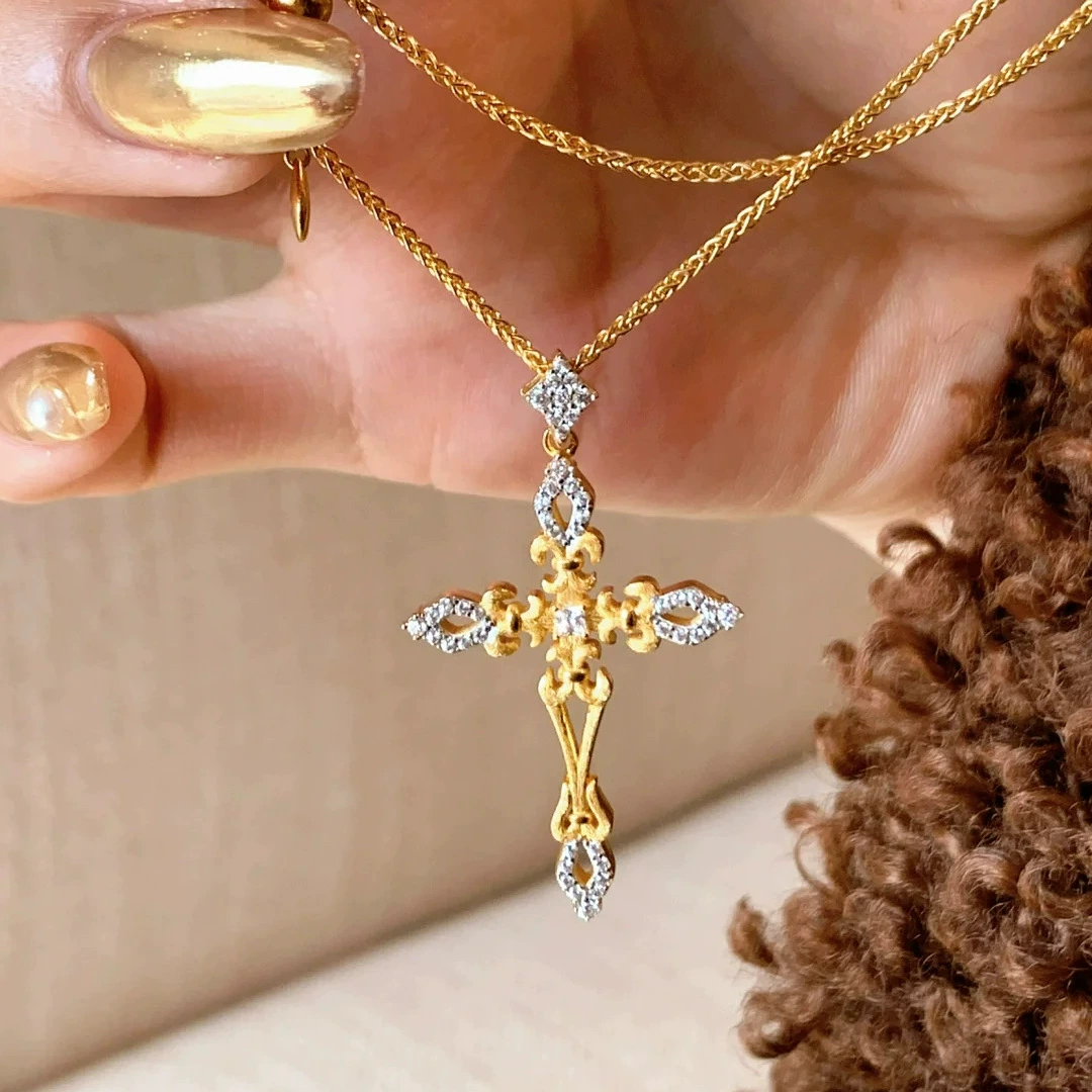 Vintage Gold Cross Pendant Necklace with Marquise Cubic Zirconia – Baroque Elegant Statement