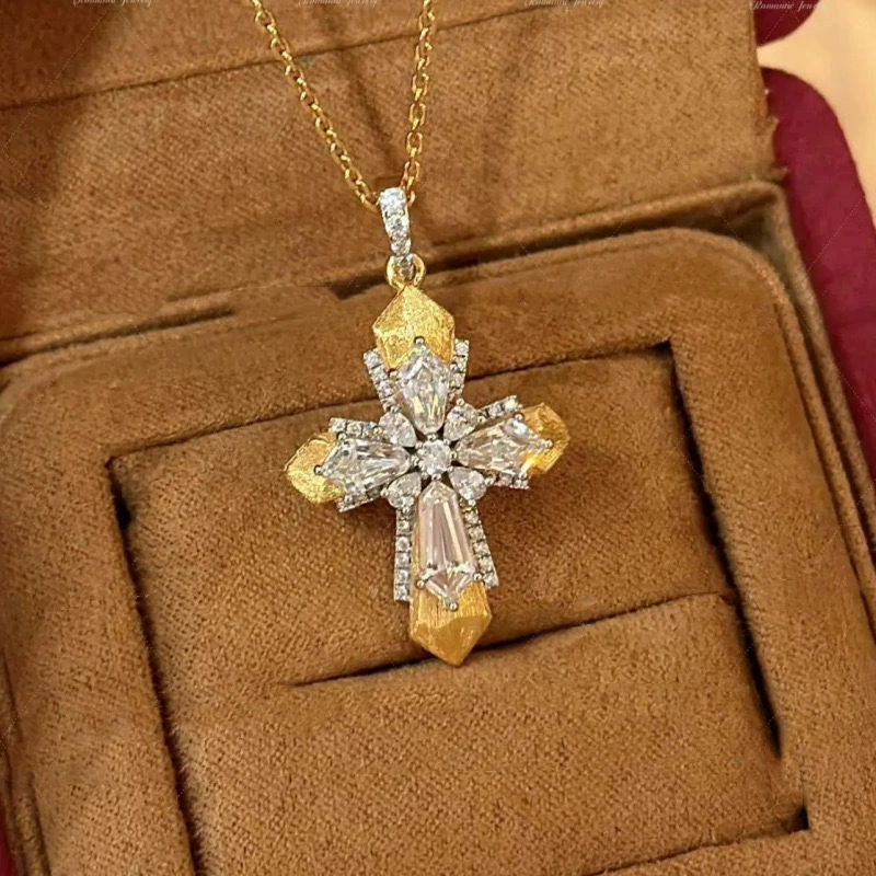 Luxury 18K Gold Plated Cross Pendant Necklace with Pear-Shaped and Baguette Cubic Zirconia