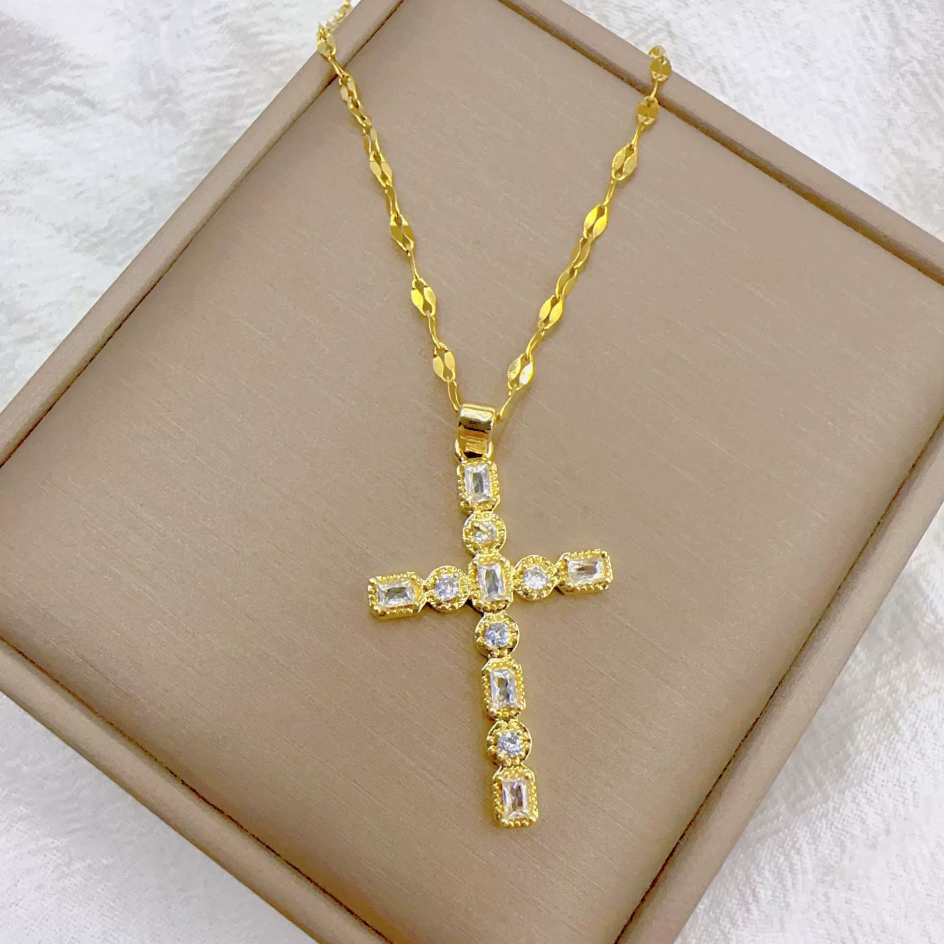 Elegant Gold Plated Cross Pendant Necklace with Baguette & Round CZ Stones