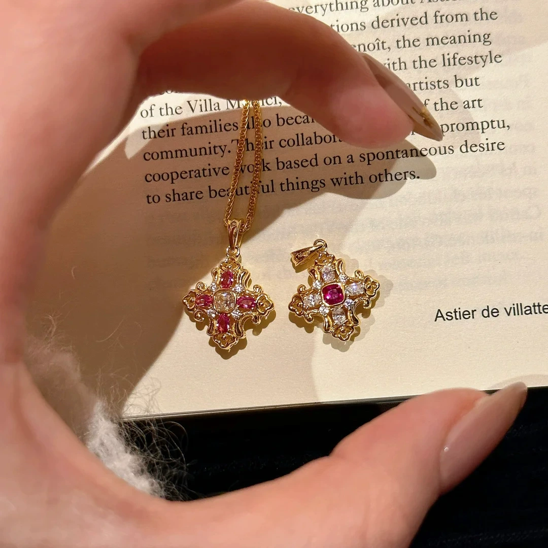 Baroque Gold Cross Necklace Set with Ruby Cubic Zirconia, 18K Gold Plated, Detachable Pendant