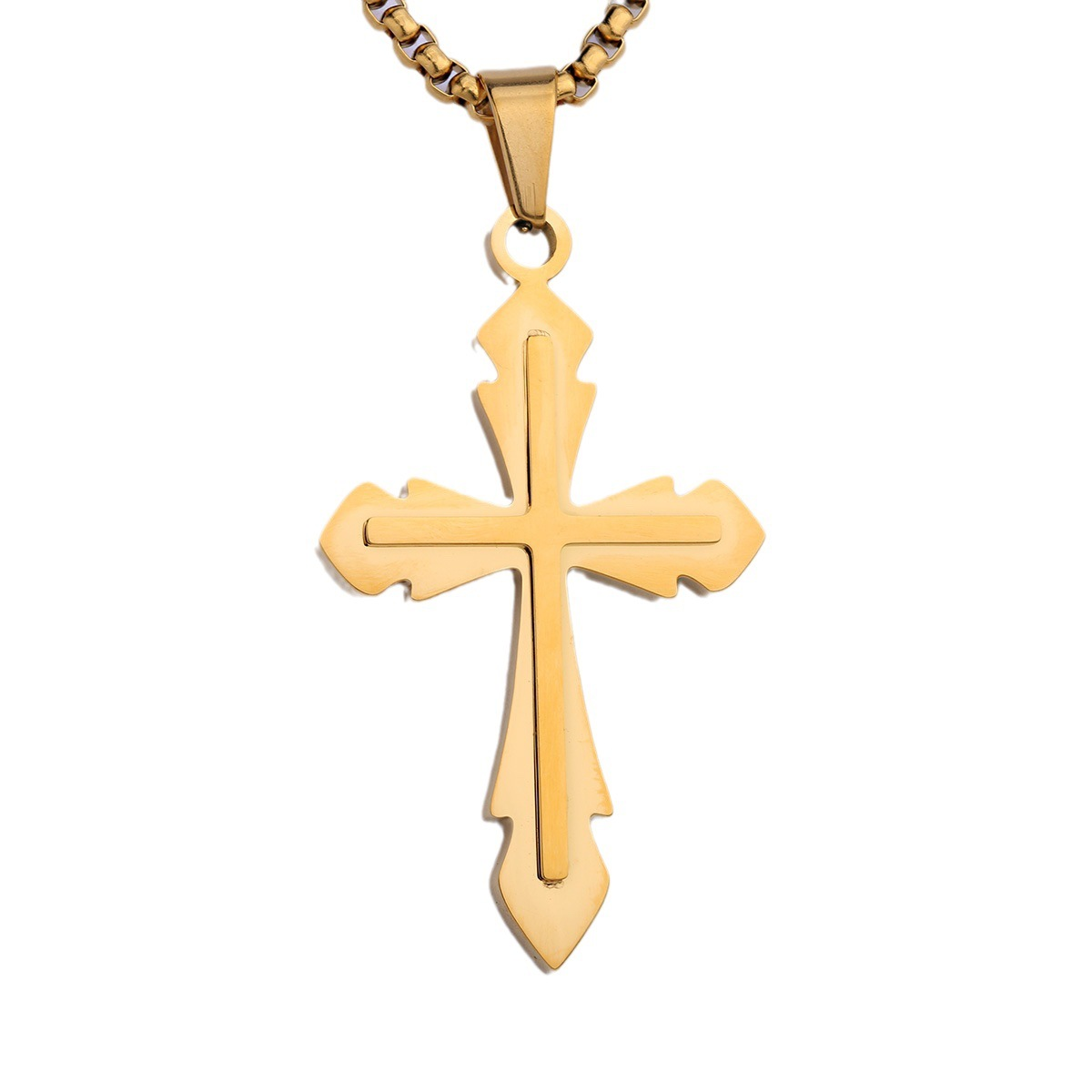 Ornate Gold-Plated Cross Pendant Necklace, Stainless Steel Gothic Christian Jewelry for Men & Women