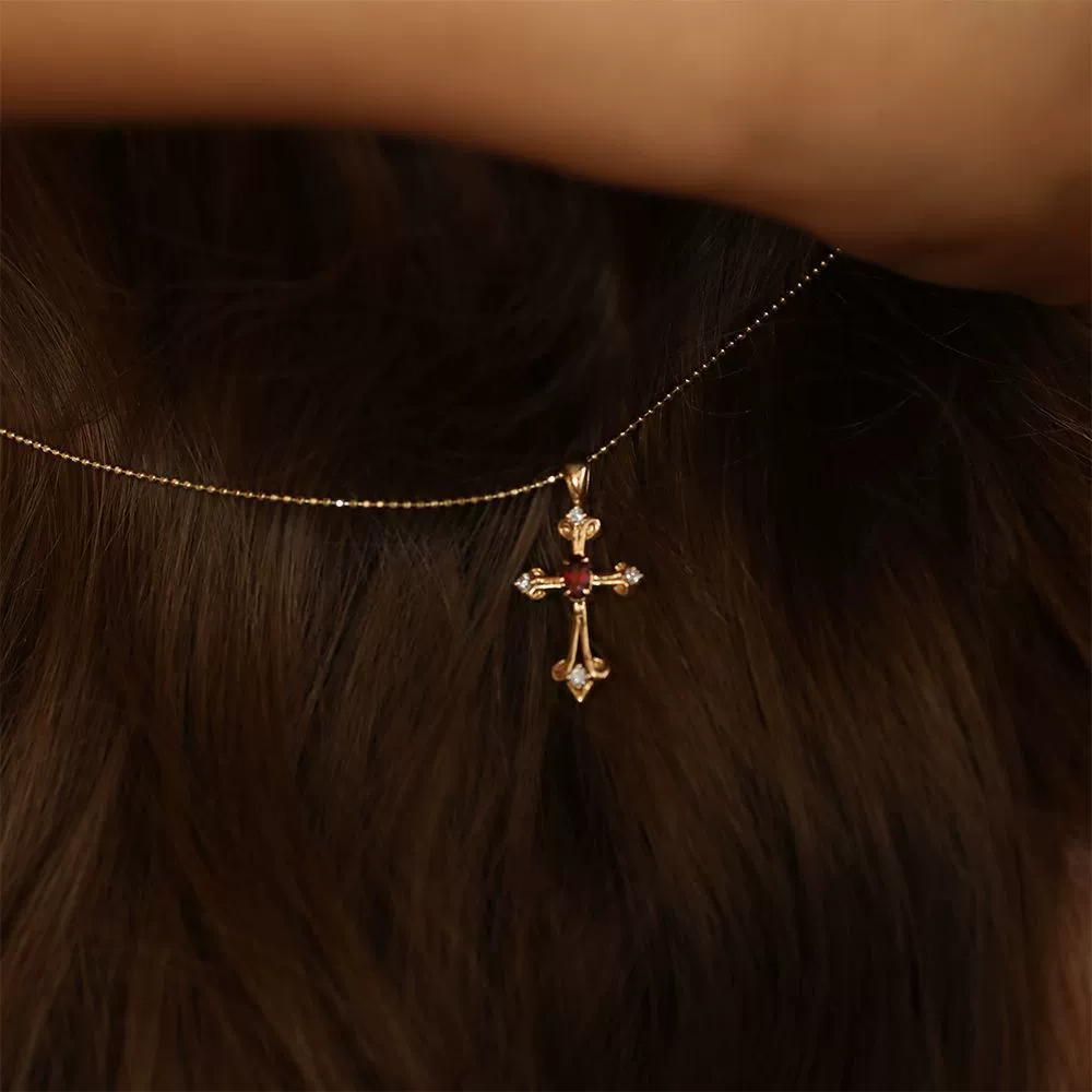Minimalist Gold Cross Necklace with Red Cubic Zirconia, 18K Gold Plated, Elegant Women's Jewelry
