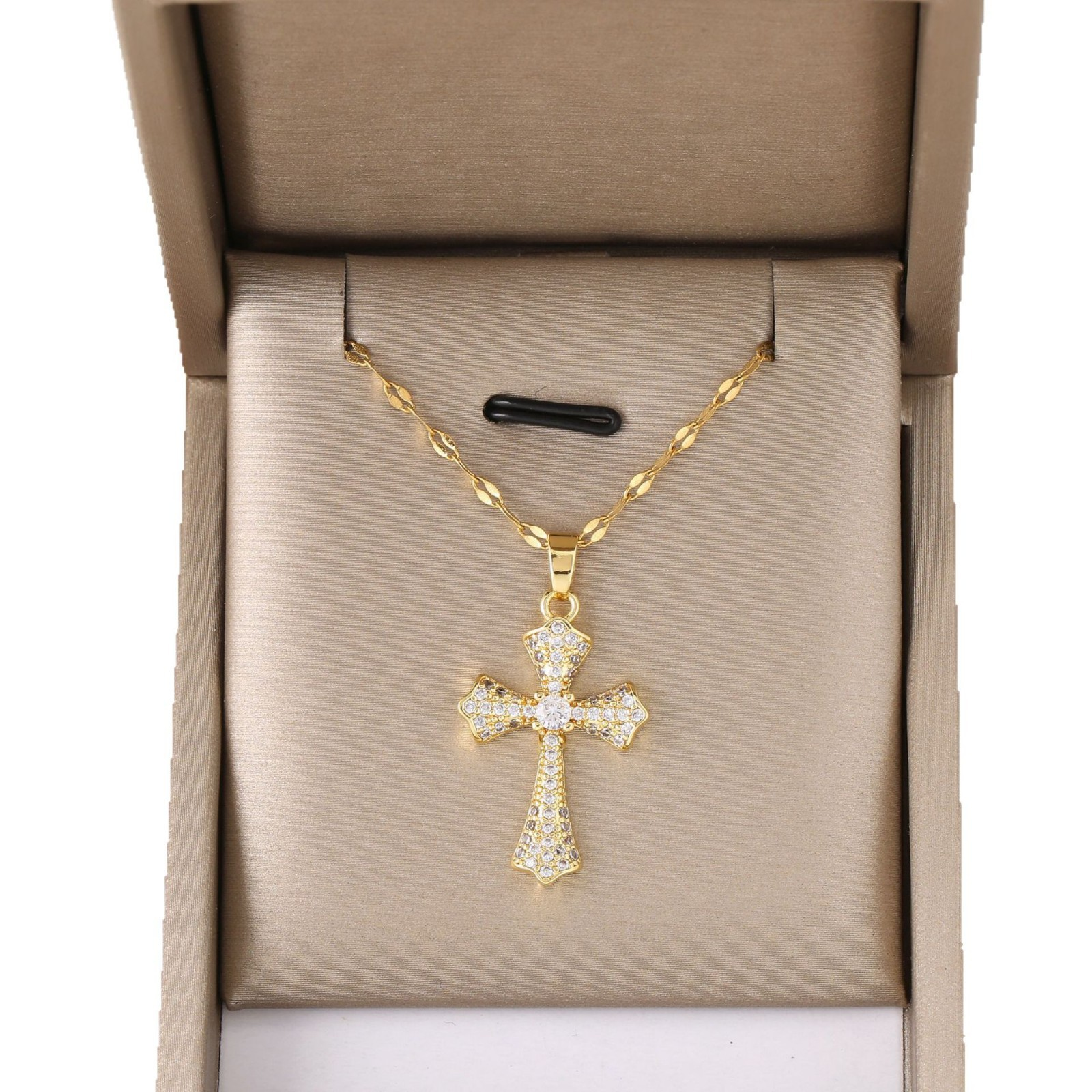 Vintage Gold Plated CZ Cross Pendant Necklace for Women – Gothic Inspired