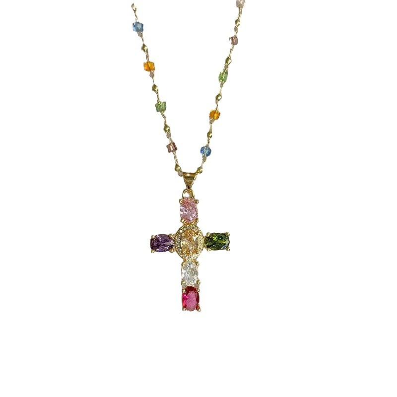 Rainbow Gemstone Cross Necklace – Colorful Crystal Gold Pendant Jewelry