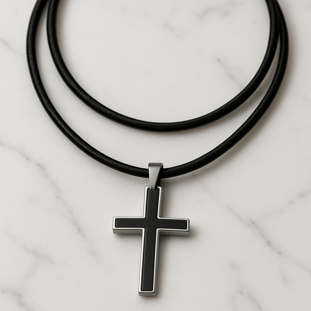 Men's Black Cross Pendant Necklace – Stainless Steel with Leather Cord