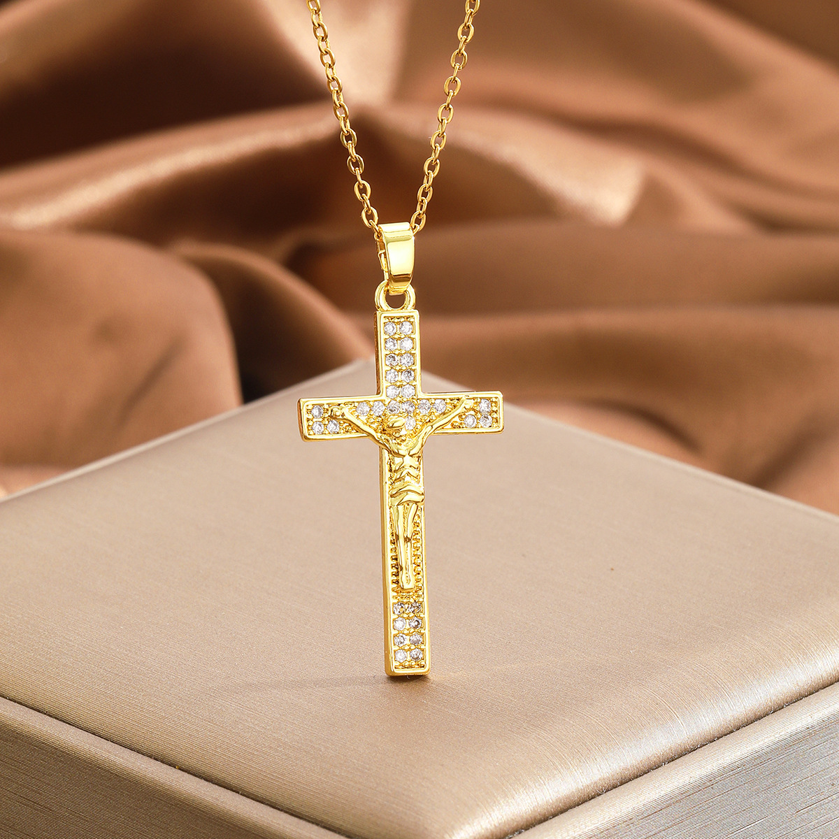 Gold Plated Jesus Crucifix Cross Pendant Necklace with CZ Stones for Men and Women