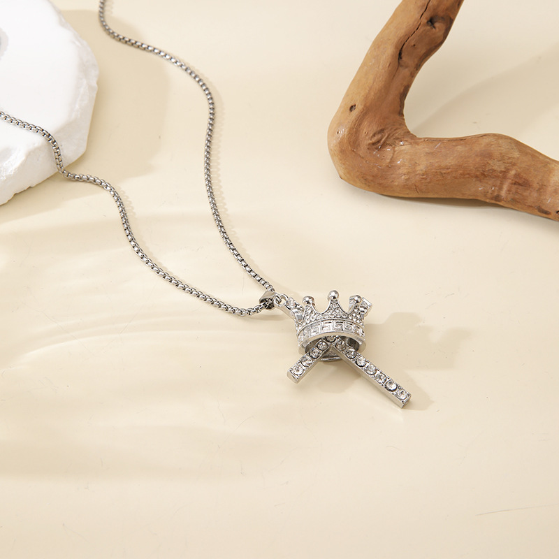 Cross and Crown Pendant Necklace – Silver Cubic Zirconia Christian Jewelry