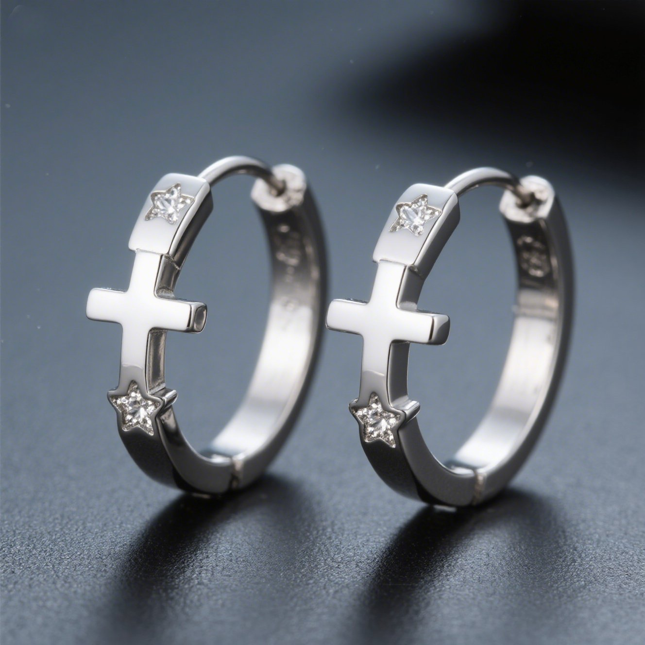 Minimalist Cross Hoop Earrings with Star Accents, Stainless Steel, Silver, Unisex, Hypoallergenic
