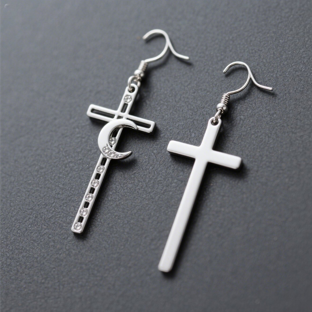 Minimalist Cross Earrings with Star Accents, Stainless Steel, Unisex