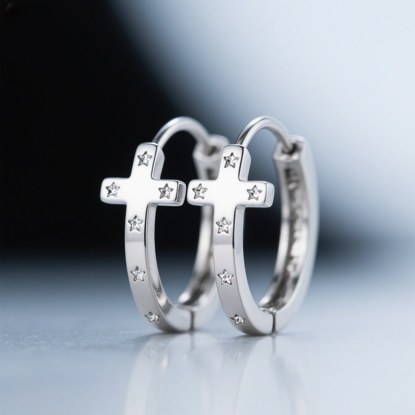 Women's Silver Cross Hoop Earrings with Star Accents, Stainless Steel, Hypoallergenic