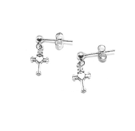 Tiny Sterling Silver Cross Stud Earrings with Heart Accent – Faith & Love Jewelry for Women