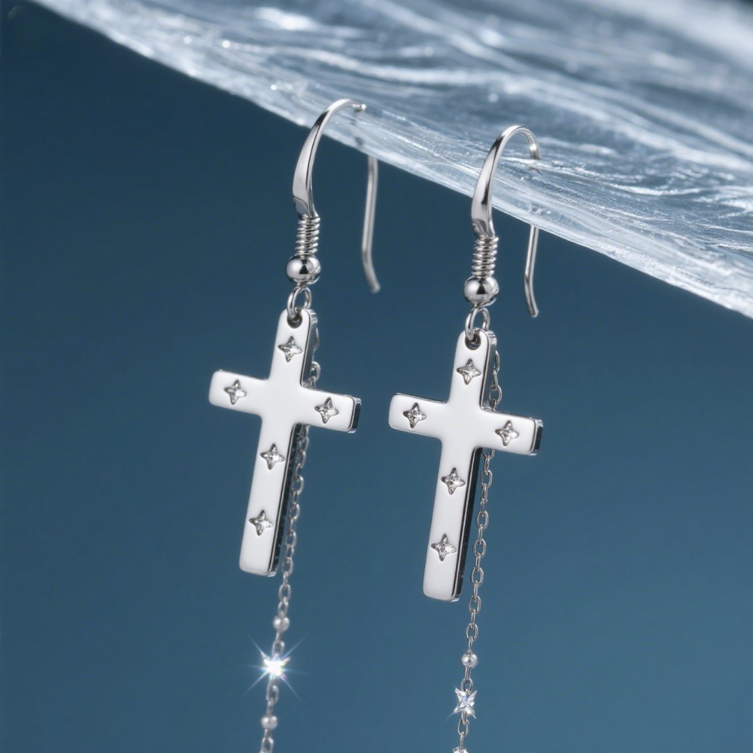 Cross Earring with Star Accent, Silver, Hypoallergenic