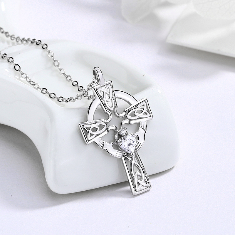 Celtic Cross Necklace with Heart Cubic Zirconia | Silver Chain Religious Jewelry for Men & Women