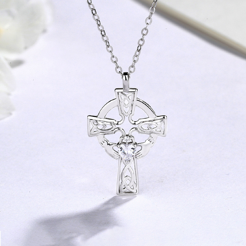 Celtic Cross Necklace with Heart Cubic Zirconia | Silver Chain Religious Jewelry for Men & Women