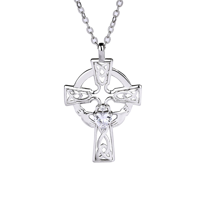 Celtic Cross Necklace with Heart Cubic Zirconia | Silver Chain Religious Jewelry for Men & Women