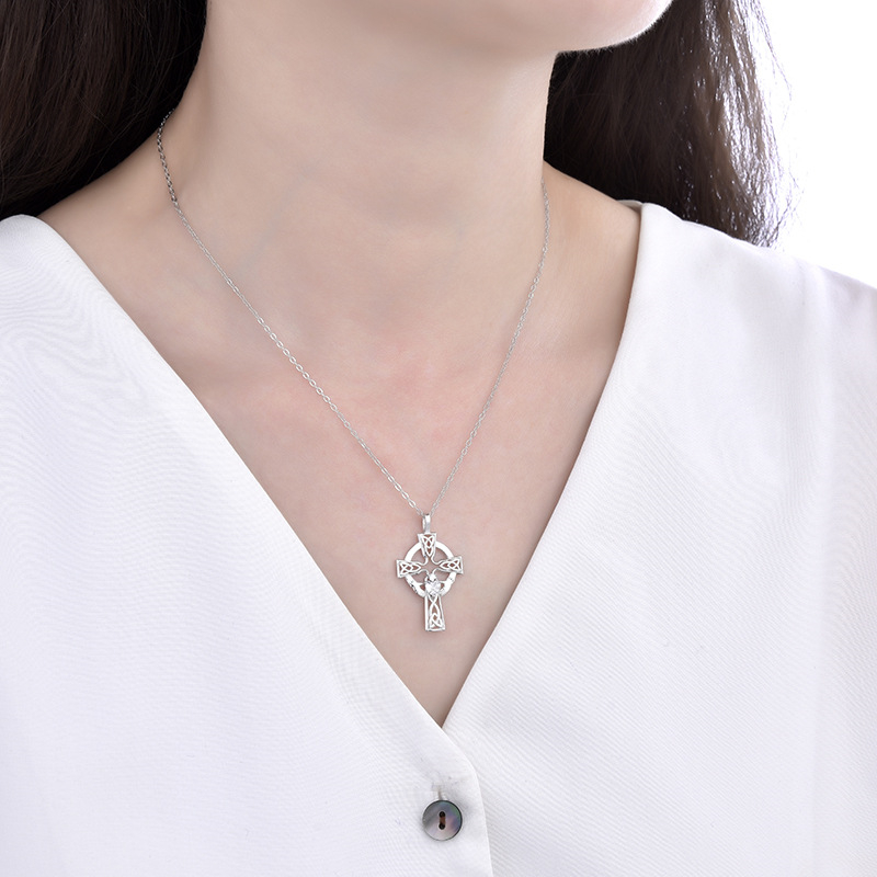 Celtic Cross Necklace with Heart Cubic Zirconia | Silver Chain Religious Jewelry for Men & Women