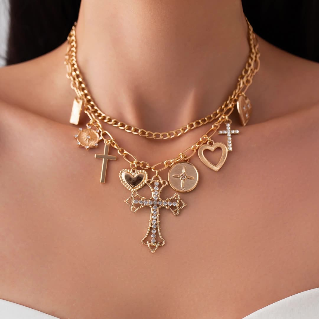 Layered Cross Necklace with Ring and Charms – Gold Multi-Pendant Religious Statement Necklace
