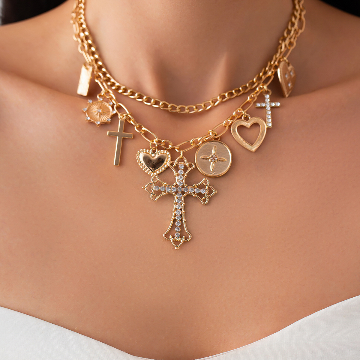 Layered Cross Necklace with Ring and Charms – Gold Multi-Pendant Religious Statement Necklace