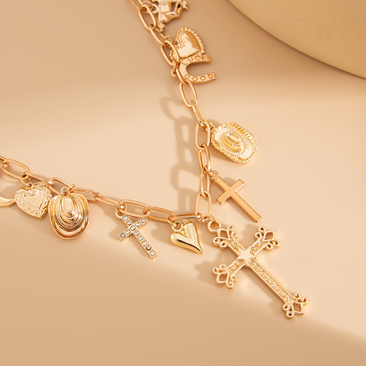 Layered Cross Necklace with Ring and Charms – Gold Multi-Pendant Religious Statement Necklace