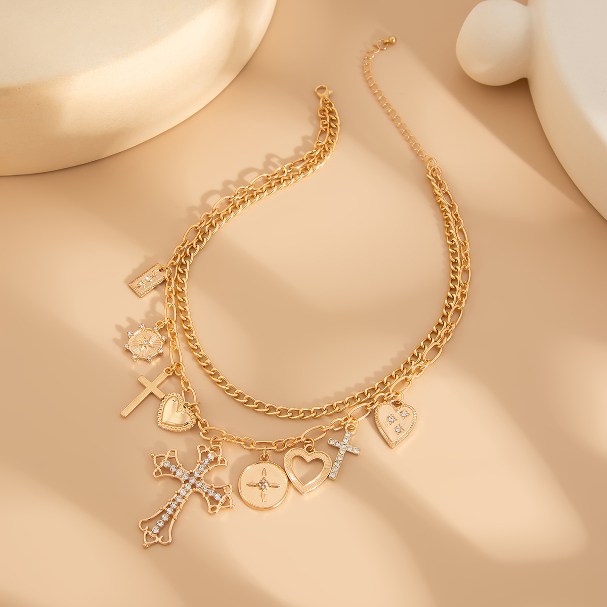 Layered Cross Necklace with Ring and Charms – Gold Multi-Pendant Religious Statement Necklace