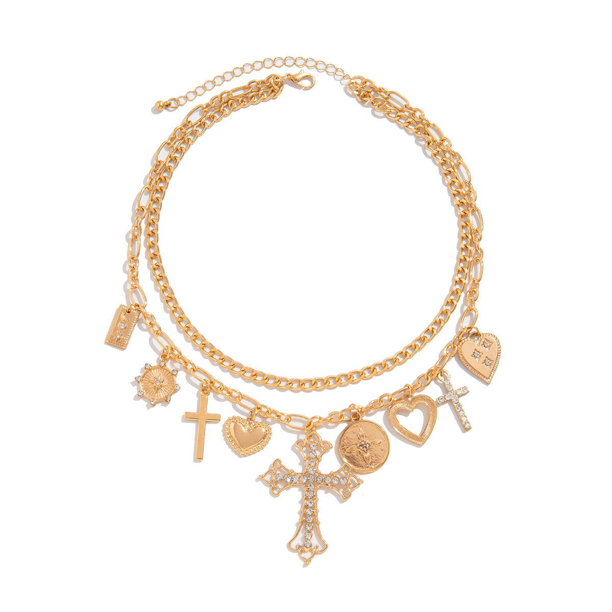 Layered Cross Necklace with Ring and Charms – Gold Multi-Pendant Religious Statement Necklace