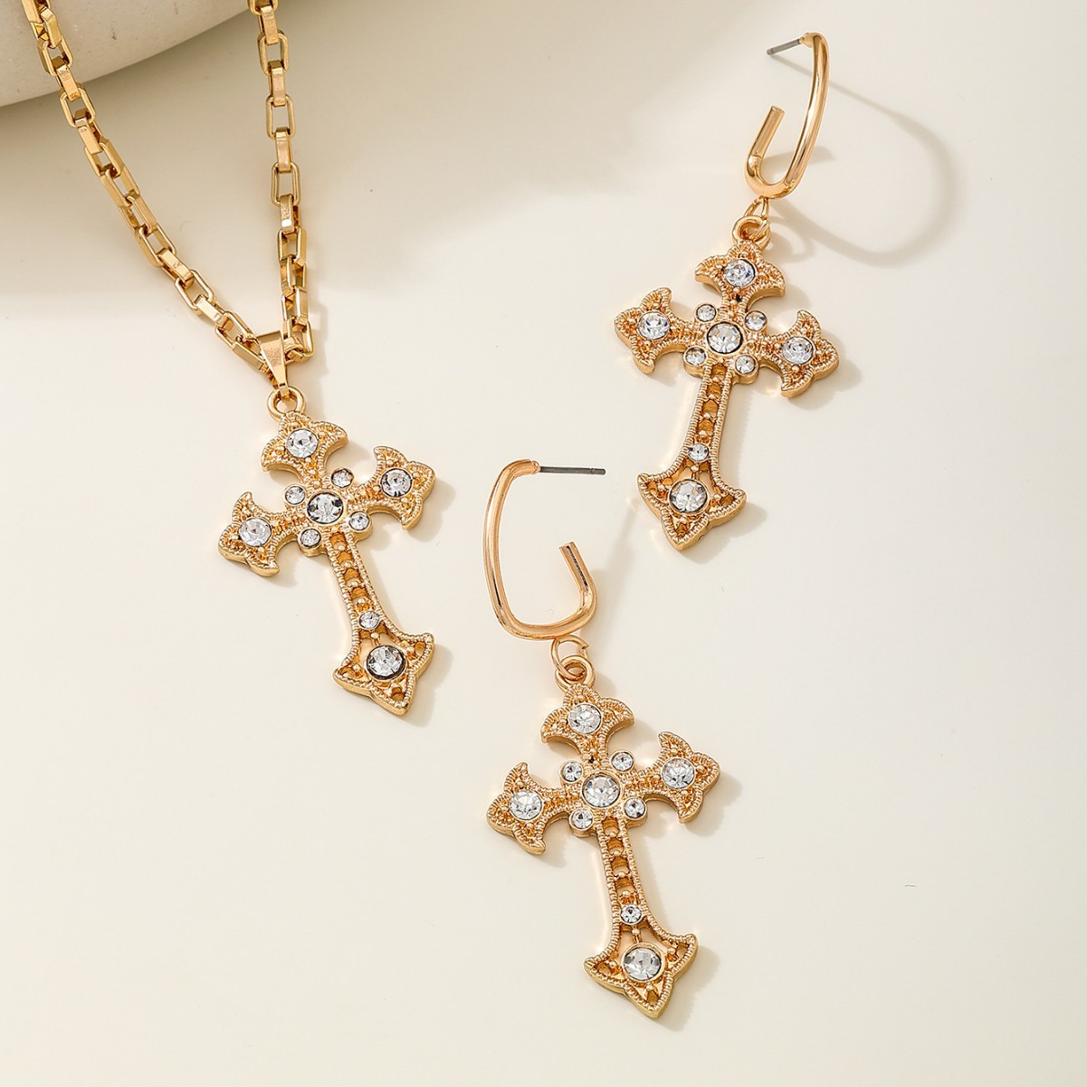 Gold Cross Necklace and Earring Set – Chain & Cross Earrings with Rhinestone Pendant