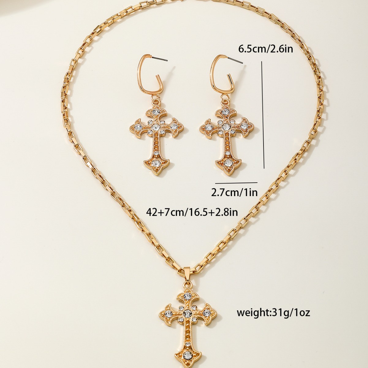 Gold Cross Necklace and Earring Set – Chain & Cross Earrings with Rhinestone Pendant