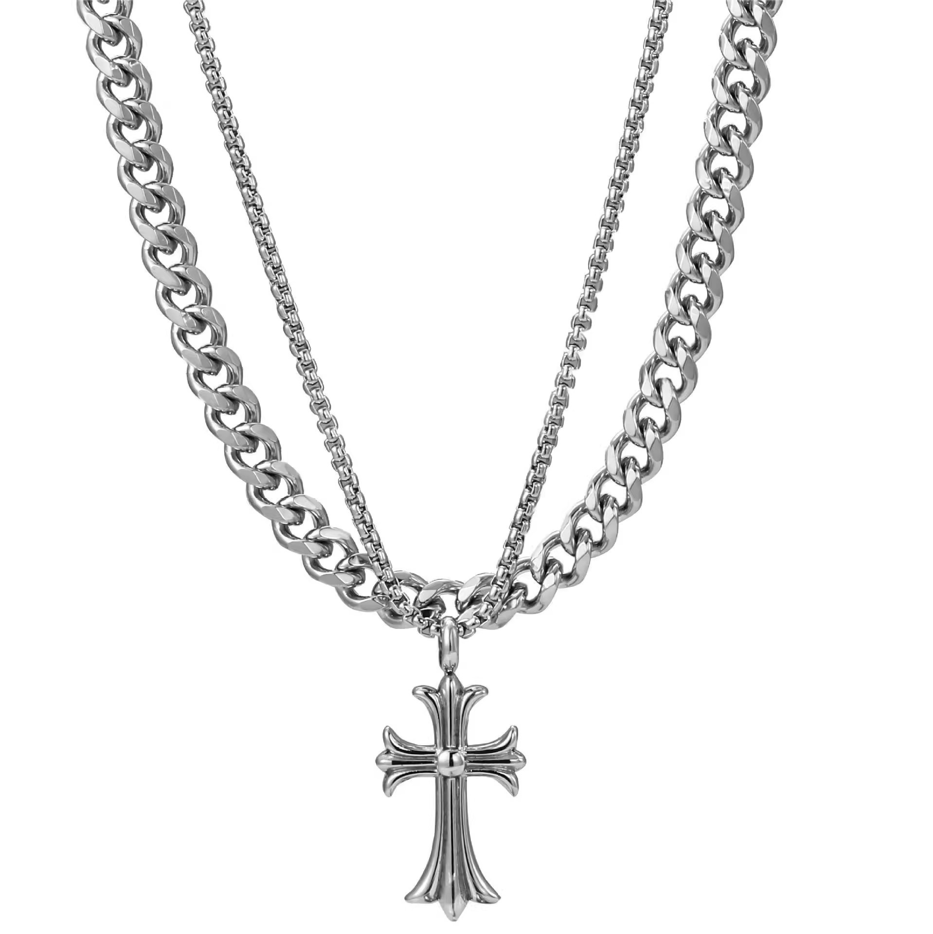 Cross Necklace for Men Stainless Steel Double Layer Chain with Cross Pendant, Hip Hop Men's Jewelry