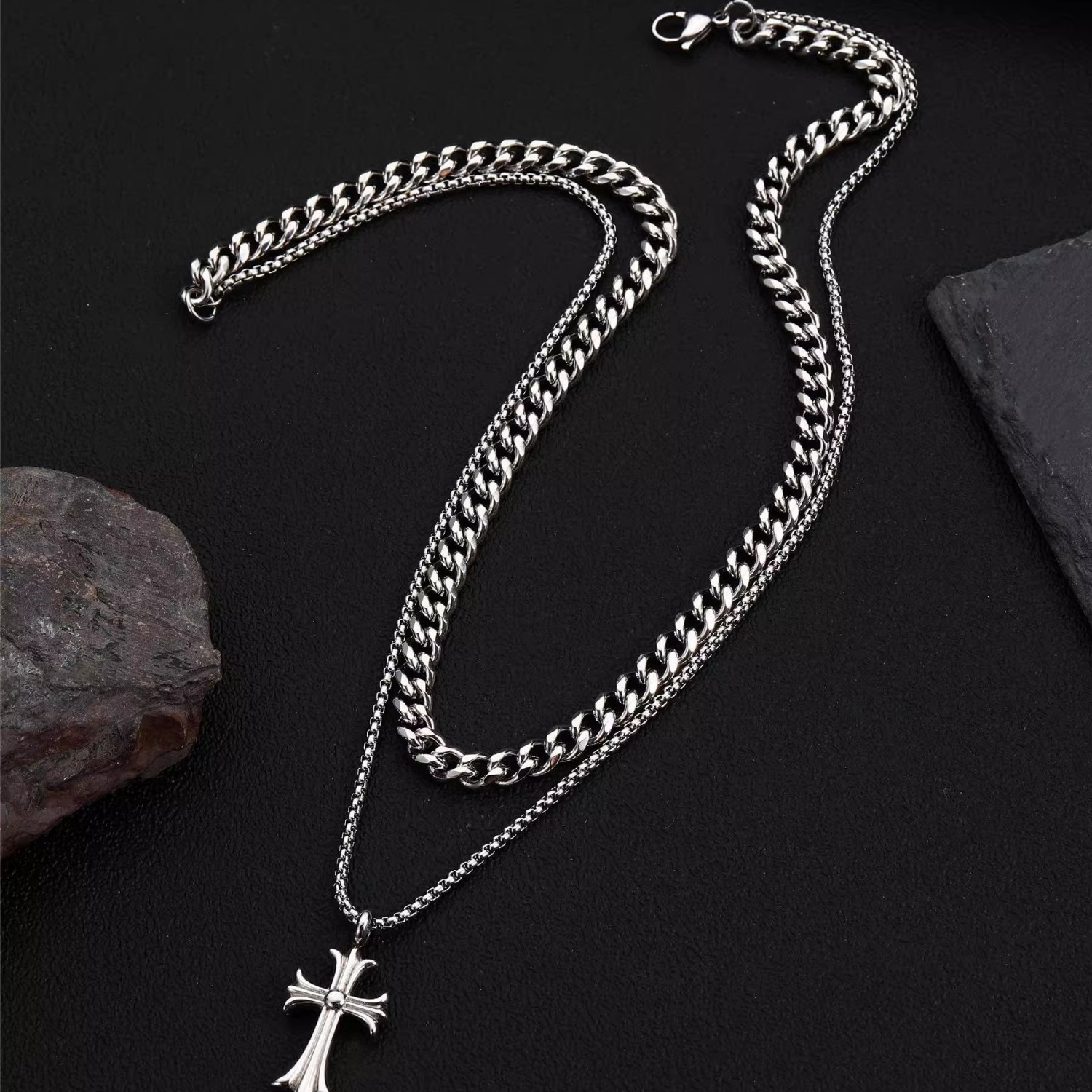 Cross Necklace for Men Stainless Steel Double Layer Chain with Cross Pendant, Hip Hop Men's Jewelry