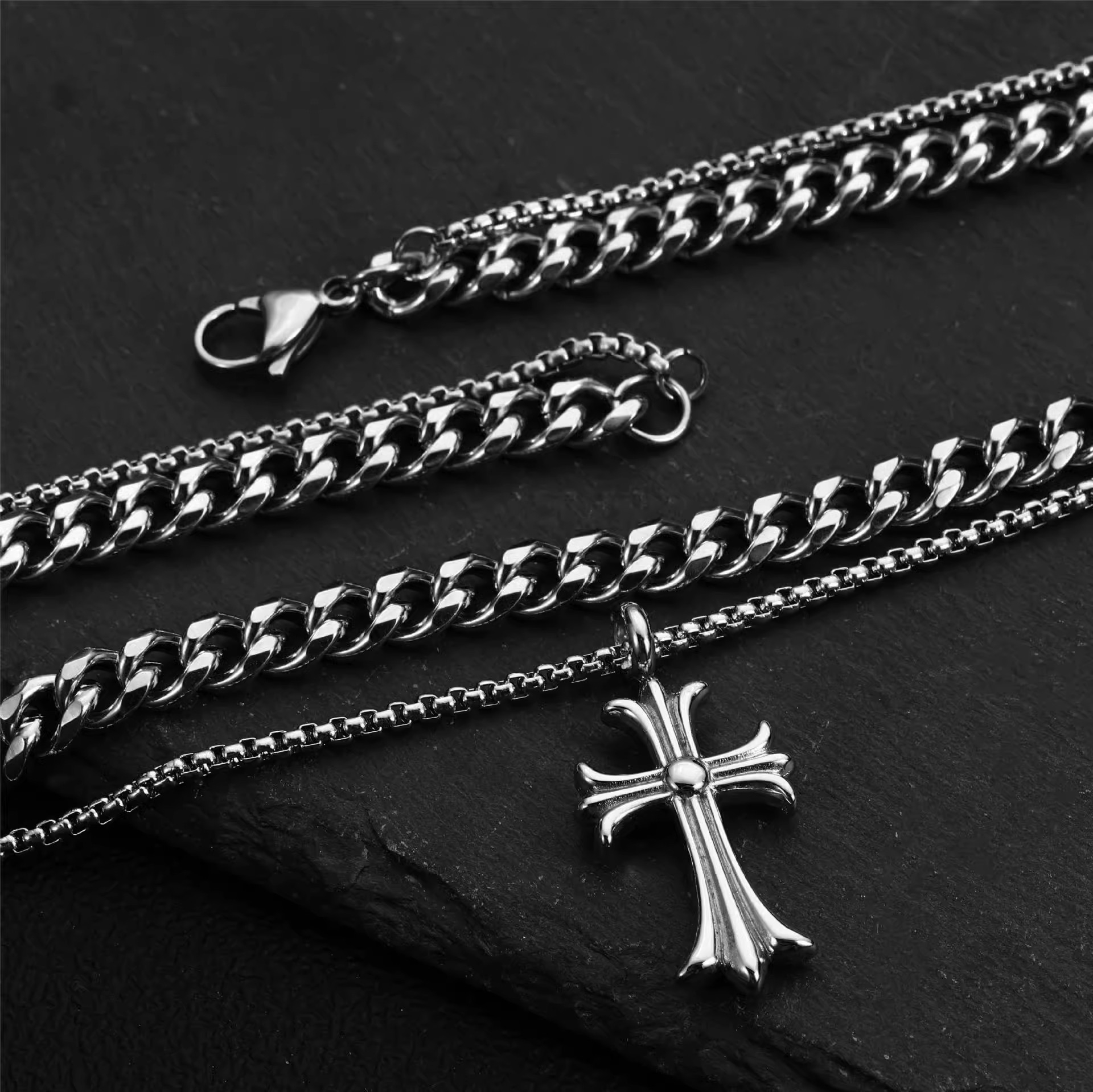 Cross Necklace for Men Stainless Steel Double Layer Chain with Cross Pendant, Hip Hop Men's Jewelry