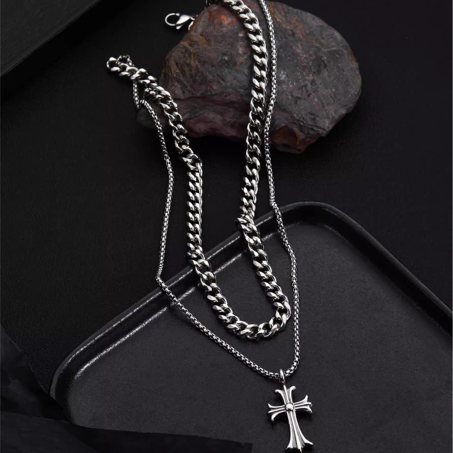 Cross Necklace for Men Stainless Steel Double Layer Chain with Cross Pendant, Hip Hop Men's Jewelry