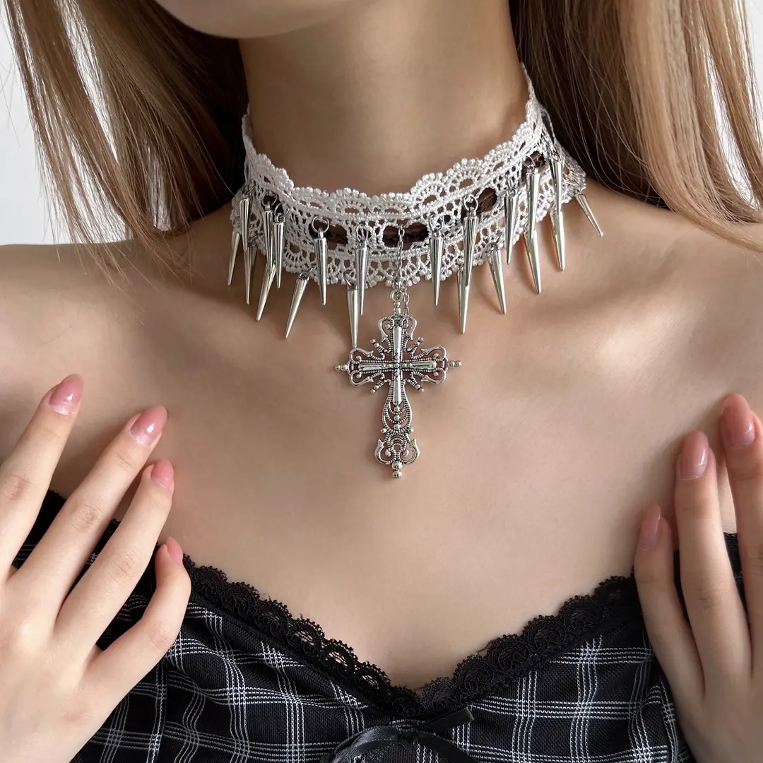Gothic Spiked Cross Pendant Lace Choker Punk Lolita Necklace for Women