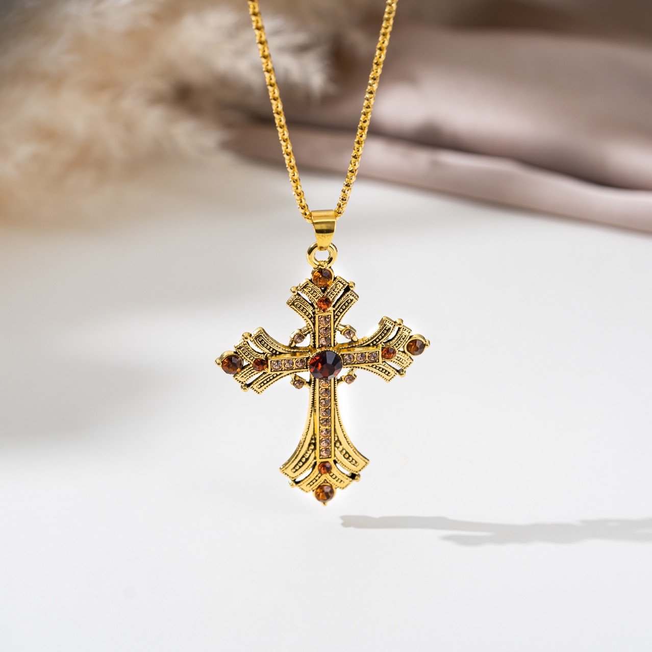 Gold Vintage Cross Pendant Necklace for Women – Baroque Gemstone Chain