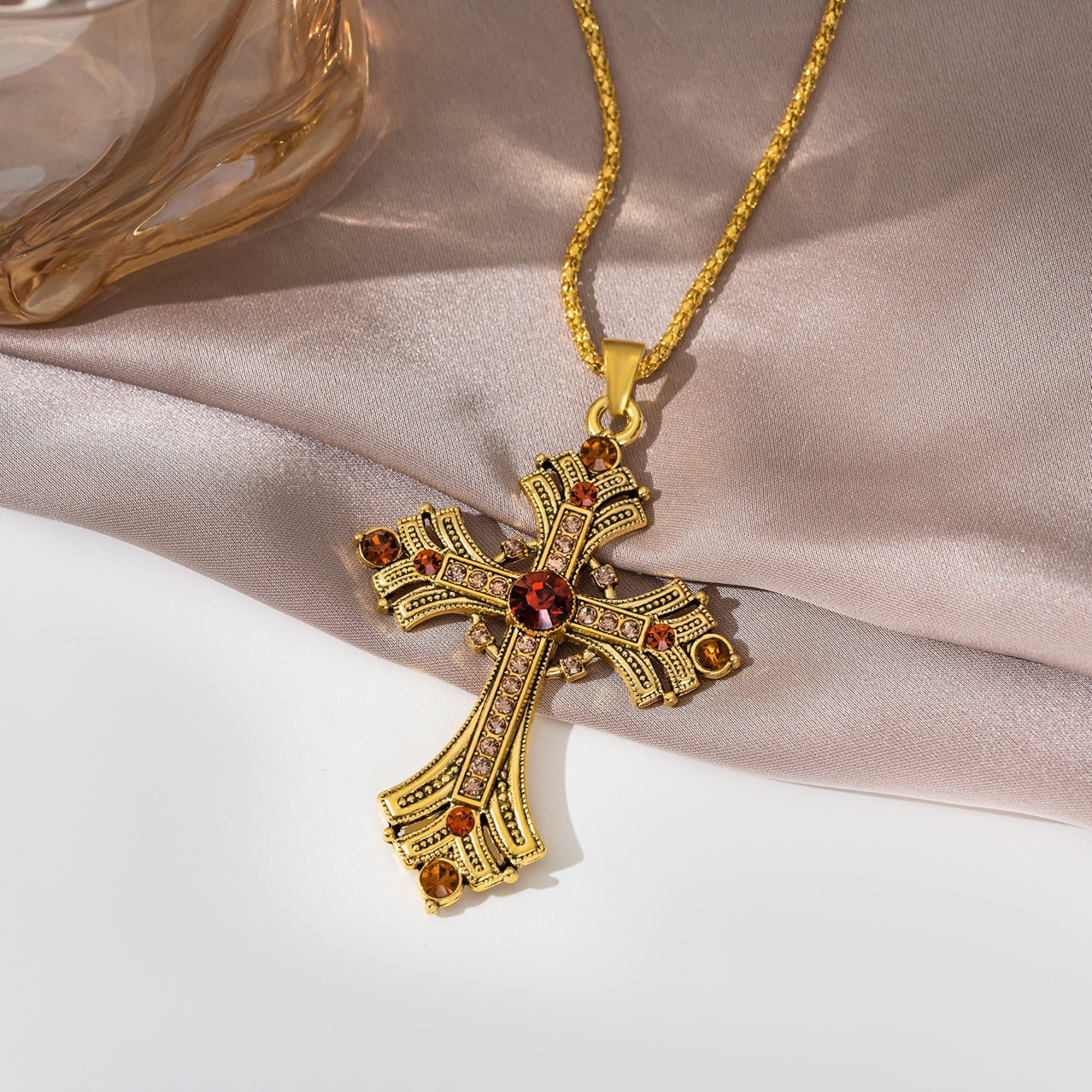 Gold Vintage Cross Pendant Necklace for Women – Baroque Gemstone Chain