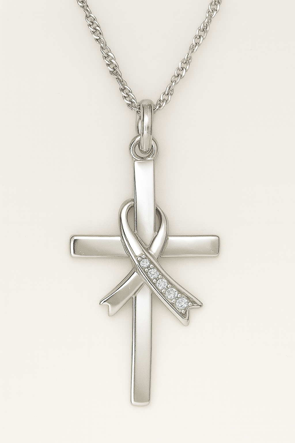 Cross Ribbon Necklace with Diamond Detailing