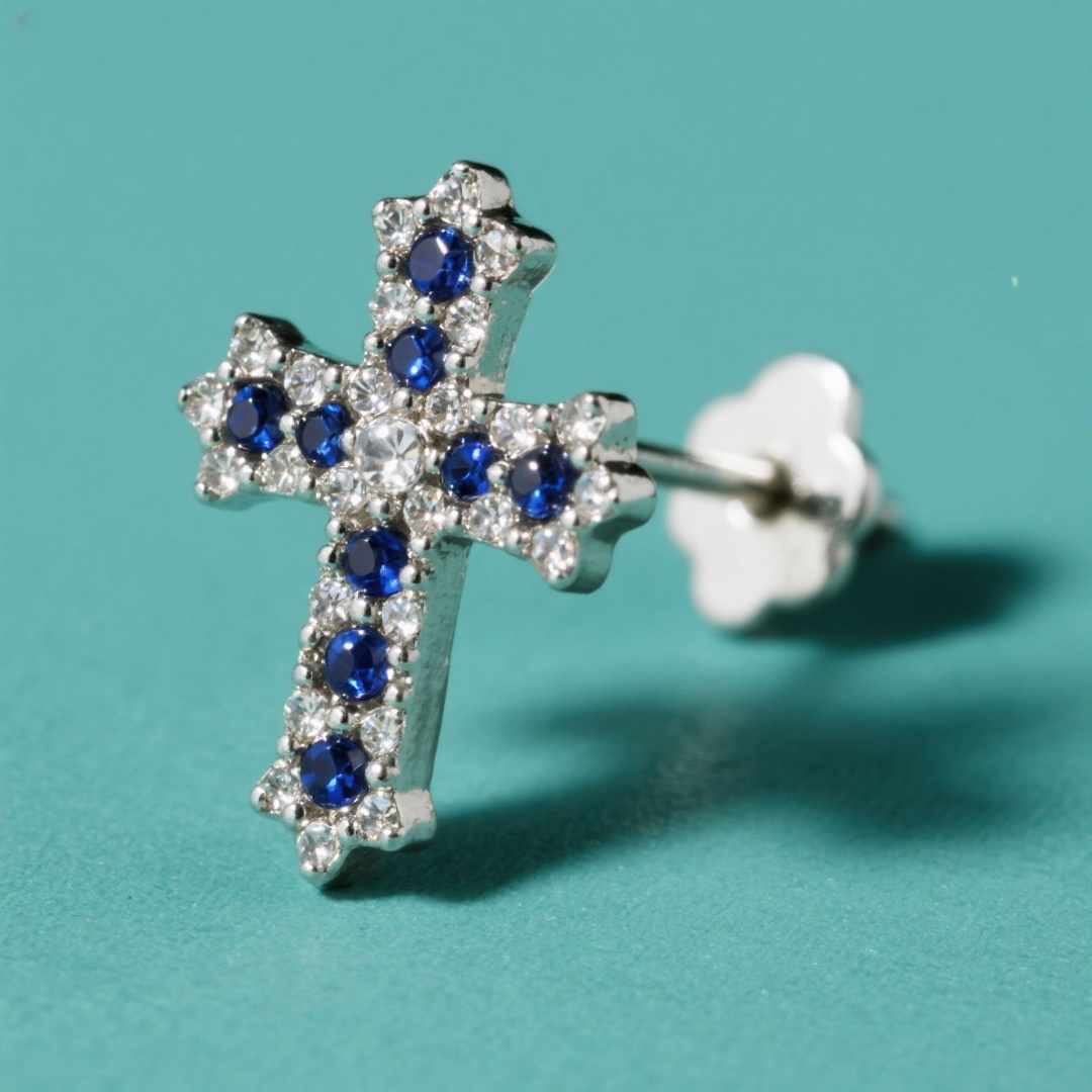 Blue Sapphire Cross Stud Earrings Sterling Silver, Dainty Christian Jewelry for Women, Minimalist Cross Earrings with White and Blue Cubic Zirconia