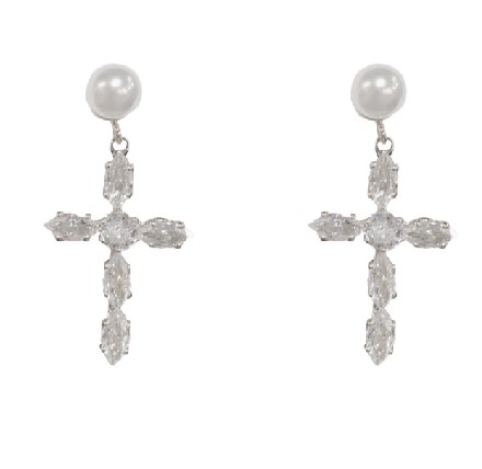 Elegant Pearl and Crystal Cross Drop Earrings – Statement Religious Jewelry for Women