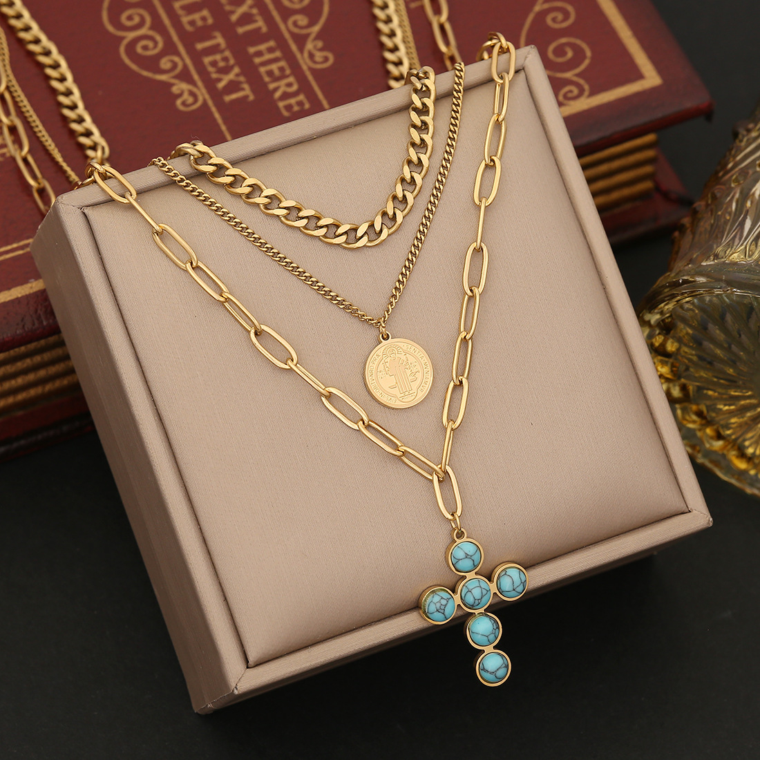 Layered Gold Necklace Set with Large Turquoise Cross Pendant – Vintage Multi-Chain Jewelry for Women