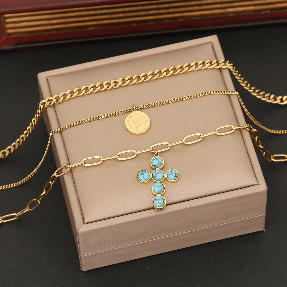 Layered Gold Necklace Set with Large Turquoise Cross Pendant – Vintage Multi-Chain Jewelry for Women