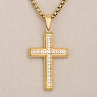 Trendy Gold-Plated Cross Pendant Necklace with CZ Stones, Stainless Steel Religious Jewelry for Men & Women