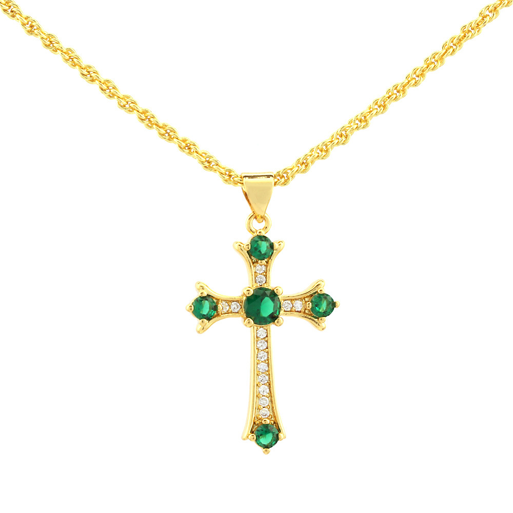Gold Cross Pendant Necklace with Green Gemstones – Elegant Religious Jewelry